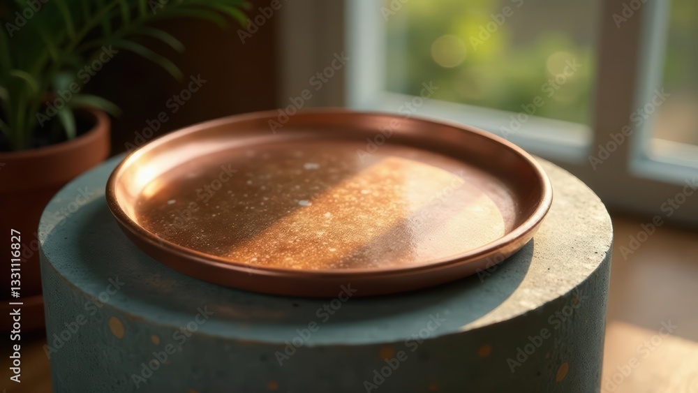 A copper tray rests on a speckled teal pedestal, bathed in sunlight A copper tray rests on a speckled teal pedestal, bathed in sunlight