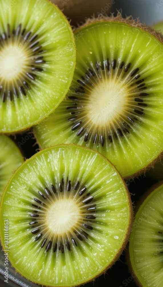 Freshly Cut Green Kiwi Slices on a Dark Background Display Freshly Cut Green Kiwi Slices on a Dark Background Display