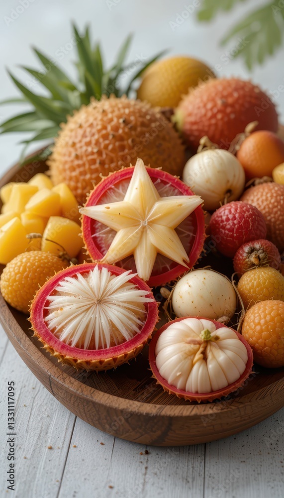Fresh Exotic Fruits in Wooden Bowl with Texture and Color Variation Fresh Exotic Fruits in Wooden Bowl with Texture and Color Variation