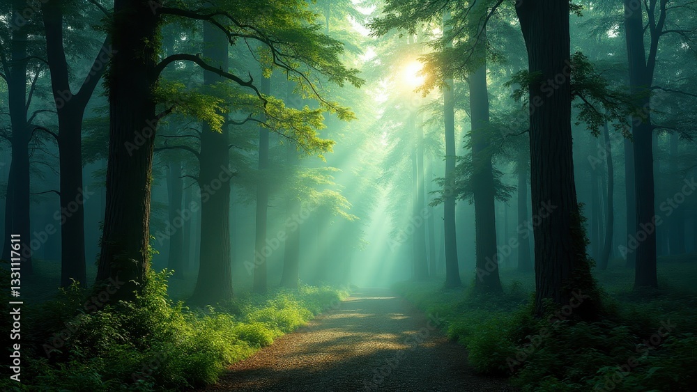 Naklejka premium Sunlight filters through the trees in a myst forest, creating a serene and enchanting atmosphere