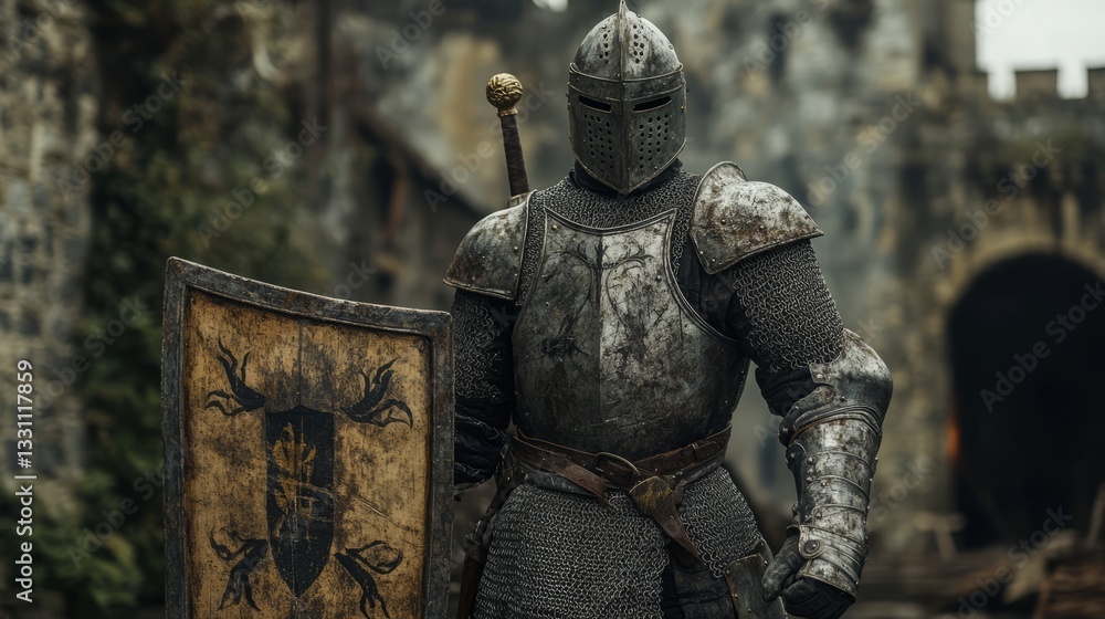 A medieval knight in full plate armor, holding a sword and shield, standing in a castle courtyard A medieval knight in full plate armor, holding a sword and shield, standing in a castle courtyard