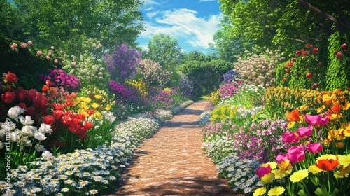 Fototapeta Naklejka Na Ścianę i Meble -  A beautiful garden path lined with colorful blooming flowers
