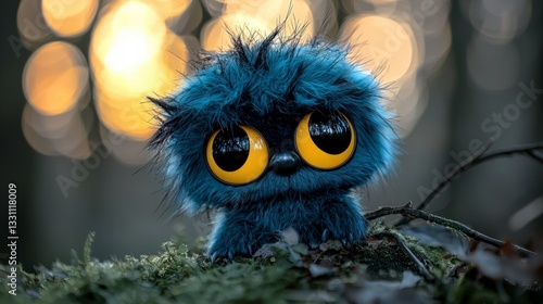 Playful Blue Furry Creature Portrait  Whimsical Cartoon Animal  Big Eyes  Sunset Bokeh