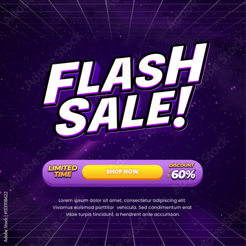 Flash Shopping day Sale discount deals Galaxy dark violet purple gradient Editable text effect white with Grid Call to action Promotional square banner poster flyer 
