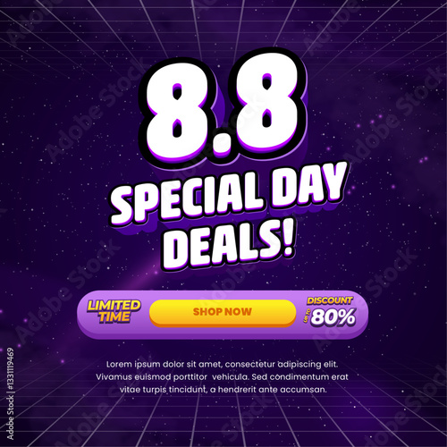 8.8 Special Shopping day Sale discount deals Galaxy dark violet purple gradient Editable text effect white with Grid Call to action Promotional square banner poster flyer 
