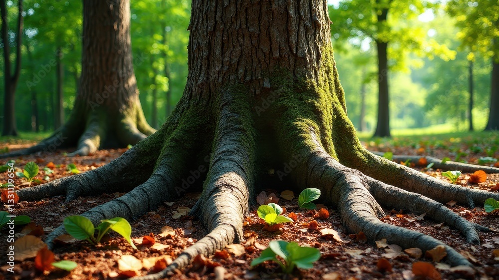 The image shows the massive roots of an oak tree spreading across the forest floor, surrounded by fallen leaves and small plants. The image shows the massive roots of an oak tree spreading across the forest floor, surrounded by fallen leaves and small plants.