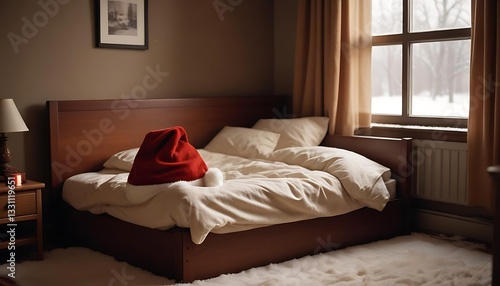 A red christmas hat rests on an unmade bed in bedroom
