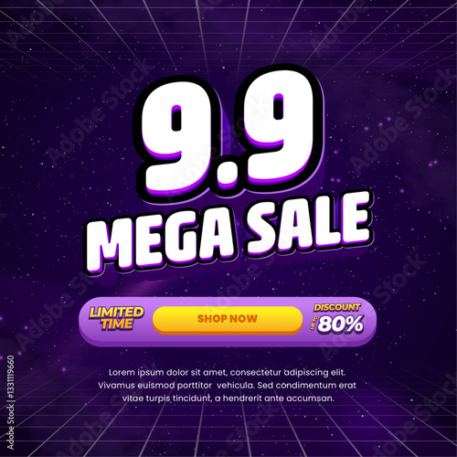 9.9 Mega Shopping day Sale discount deals Galaxy dark violet purple gradient Editable text effect white with Grid Call to action Promotional square banner poster flyer 
