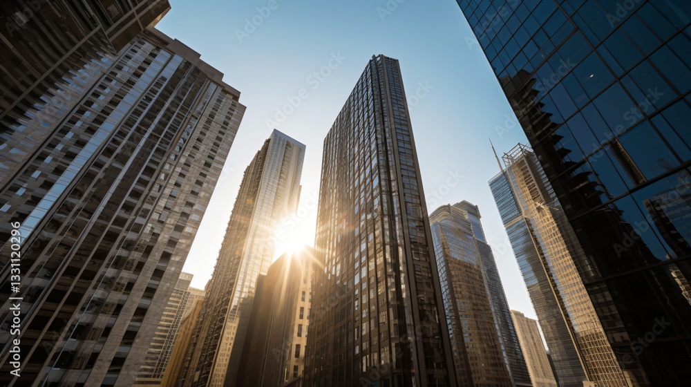 Majestic Skyscrapers at Sunset, Urban Cityscape Majestic Skyscrapers at Sunset, Urban Cityscape
