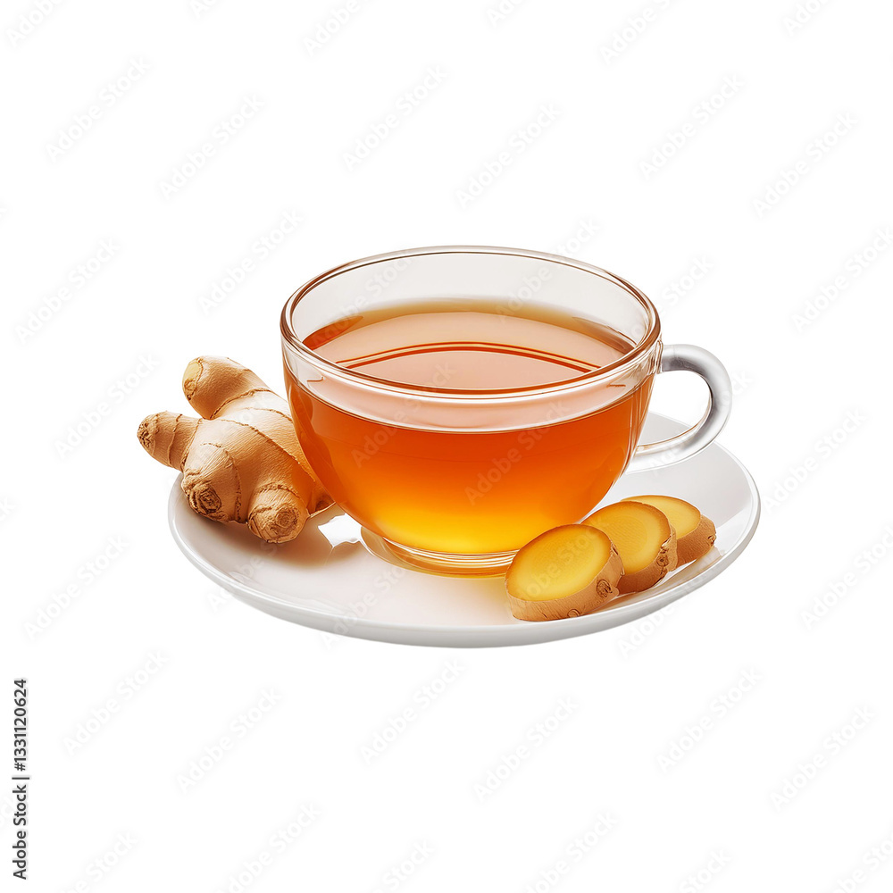 Cup and plate of ginger tea on transparent background Cup and plate of ginger tea on transparent background