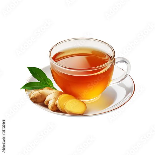 Glass cup and plate of ginger tea with slices on transparent background