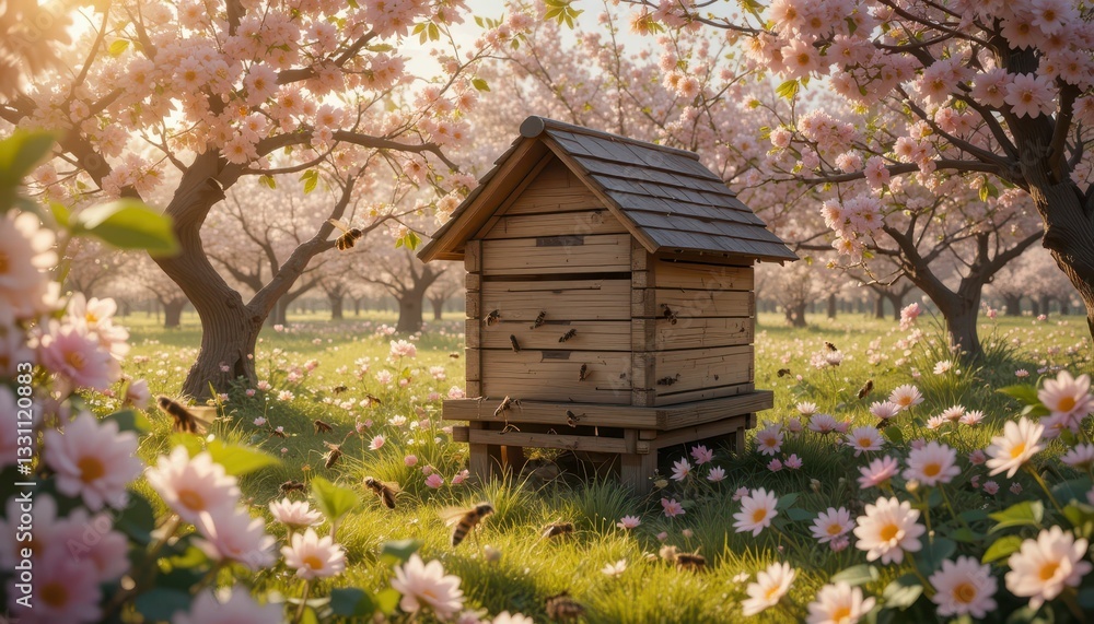 Wooden Beehive Surrounded by Blossoming Trees and Flowers in Spring Wooden Beehive Surrounded by Blossoming Trees and Flowers in Spring