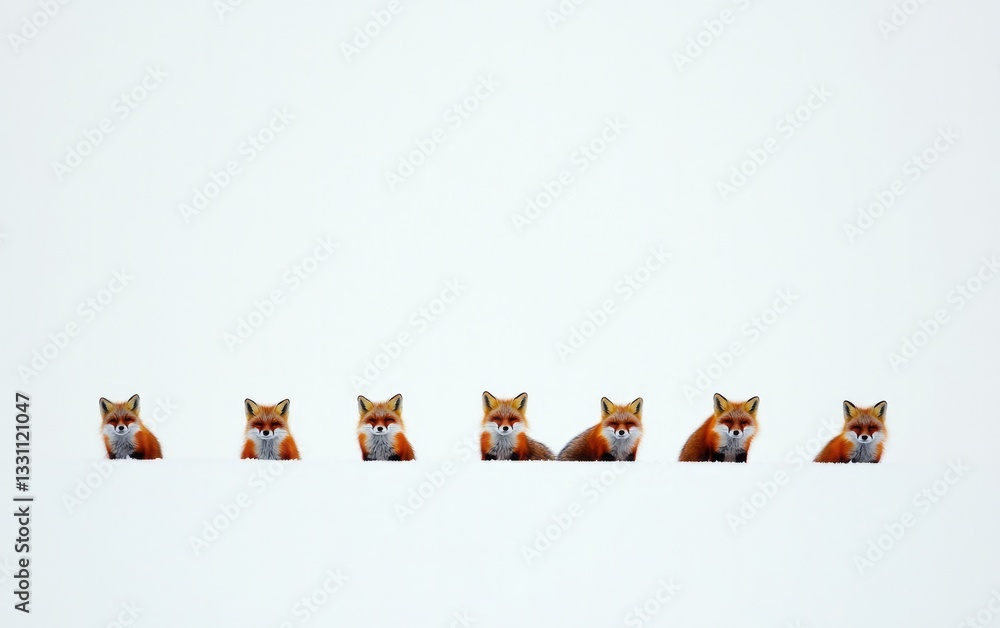Obraz premium Seven Red Foxes In The Snow