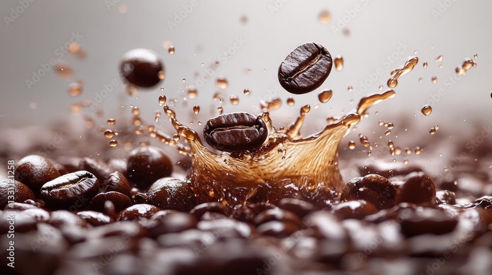 Mid-motion frozen coffee beans and splashes against a high-contrast monochrome backdrop, creating a sense of energy. Mid-motion frozen coffee beans and splashes against a high-contrast monochrome backdrop, creating a sense of energy.