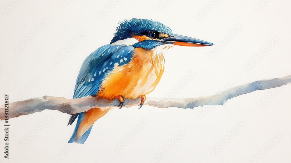 Obraz premium A watercolor painting of a majestic kingfisher resting on a branch, its brilliant blue and orange plumage standing out vividly against a serene, single-tone background