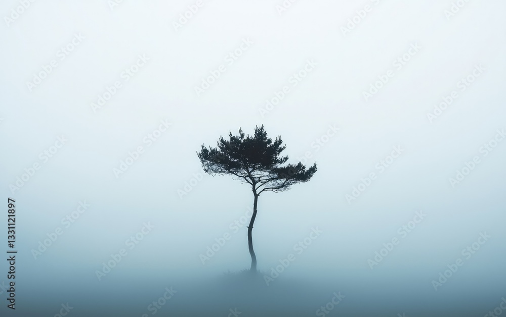 Pixelated Tree In Foggy Landscape Pixelated Tree In Foggy Landscape