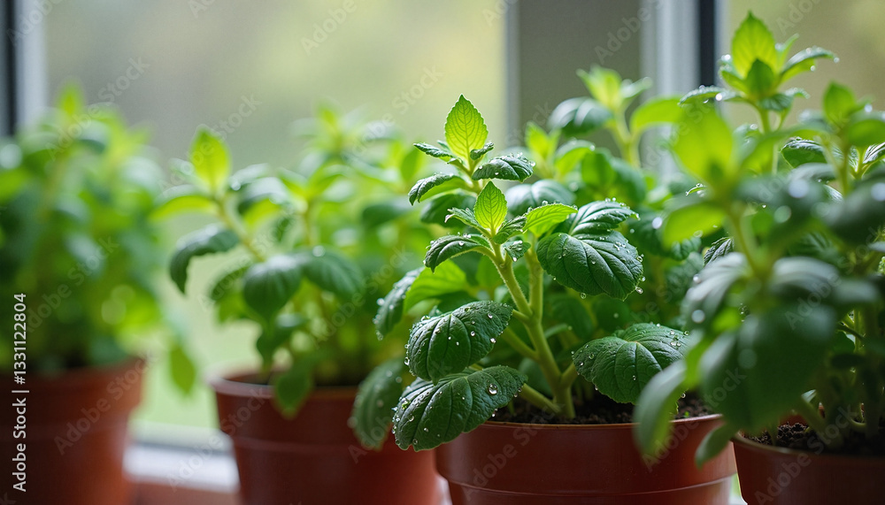 Potted green plants growing by window Potted green plants growing by window