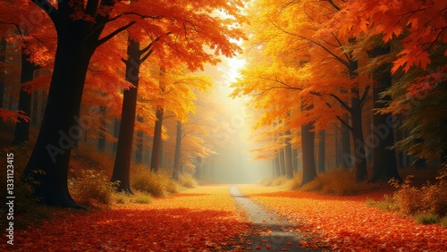 A serene forest path covered in vibrant autumn leaves, perfect for a photoshoot autumn scene.