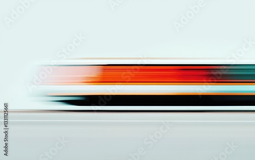 Blurry Fast Moving Orange Public Transport Vehicle With Teal And Black Stripes