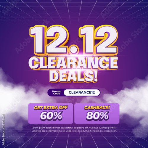 12.12 Clearance Shopping day Sale discount deals Dynamic purple gradient Editable text effect Yellow white with Cloudy Grid Cashback and Extra Sale Promotional square banner poster flyer 
