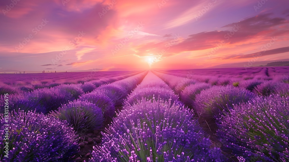 Obraz premium A magical field of lavender stretching endlessly under a pink and purple sunset