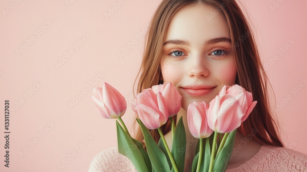 Soft pastel portrait of a young woman holding pink tulips, delicate beauty in natural light with a dreamy aesthetic Soft pastel portrait of a young woman holding pink tulips, delicate beauty in natural light with a dreamy aesthetic
