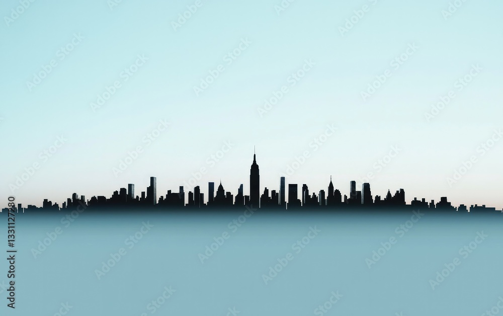 Obraz premium Dark City Skyline Silhouette Against Misty Blue Sky