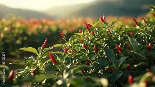 Lush green chili pepper plants with ripe red chilies in a field at sunset.
