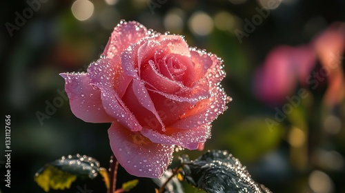 Dew-covered roses in a lush garden with sunlight glistening off the petals. 