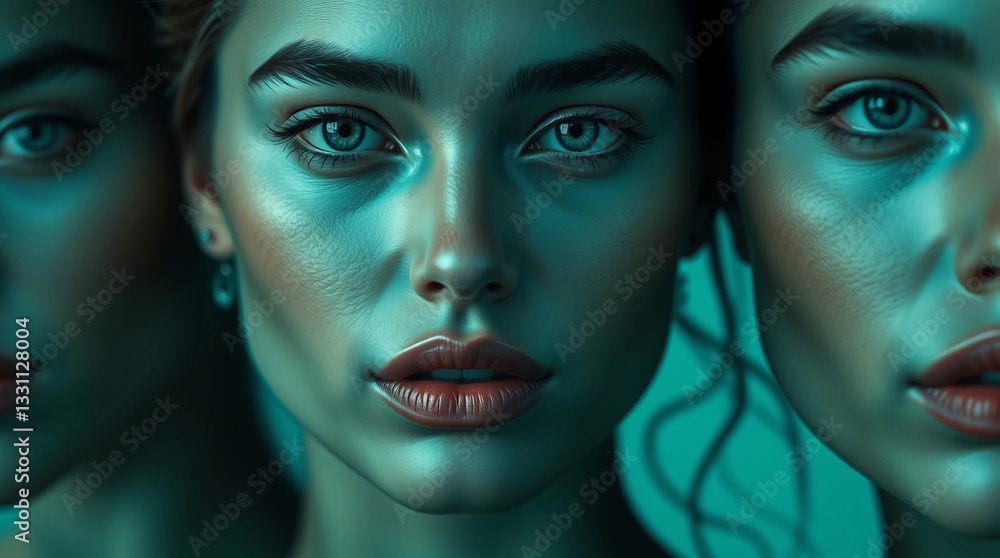 Mesmerizing digital painting of a woman with piercing blue eyes, sculpted features, and an intense gaze, surrounded by mirrored reflections in a surreal and futuristic teal-toned composition
Mesmerizing digital painting of a woman with piercing blue eyes, sculpted features, and an intense gaze, surrounded by mirrored reflections in a surreal and futuristic teal-toned composition