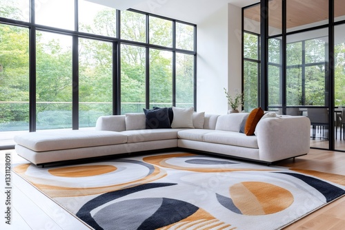 Modern living room overlooking forest with large windows and comfortable sectional sofa