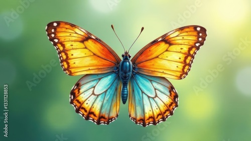 A Vividly Colored Butterfly with Orange, Teal, and Brown Wings Against a Soft Green Background