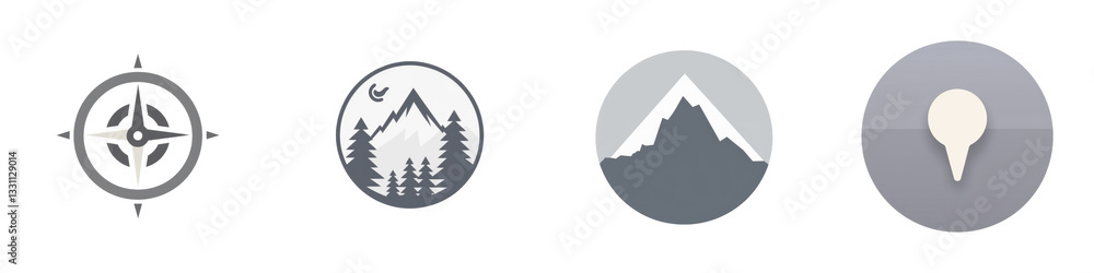 Navigation icons showing direction, landscape view, mountains, and location point in a white background isolated on white or transparent Navigation icons showing direction, landscape view, mountains, and location point in a white background isolated on white or transparent
