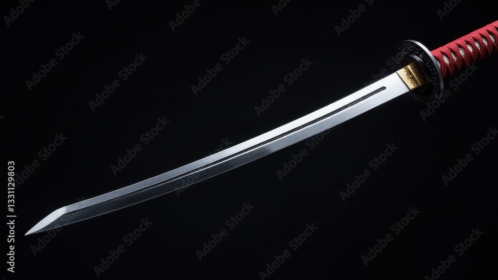 A ronin samurai sword with a curved blade and red-wrapped handle against a black background. A ronin samurai sword with a curved blade and red-wrapped handle against a black background.