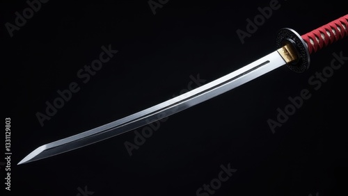 A ronin samurai sword with a curved blade and red-wrapped handle against a black background.