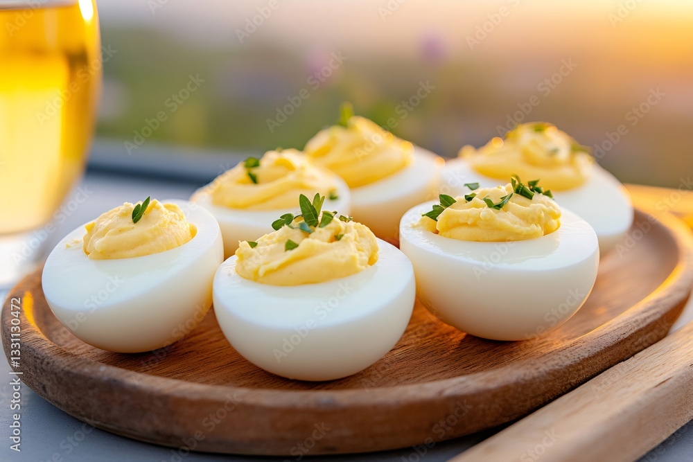 Delicious deviled eggs garnished with fresh thyme resting on wooden tray during sunset