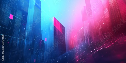Abstract city skyline illuminated with blue and pink light