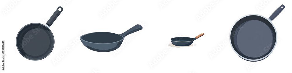 Pans Displayed Four frying pans on white background, different sizes and shapes isolated on white or transparent Pans Displayed Four frying pans on white background, different sizes and shapes isolated on white or transparent