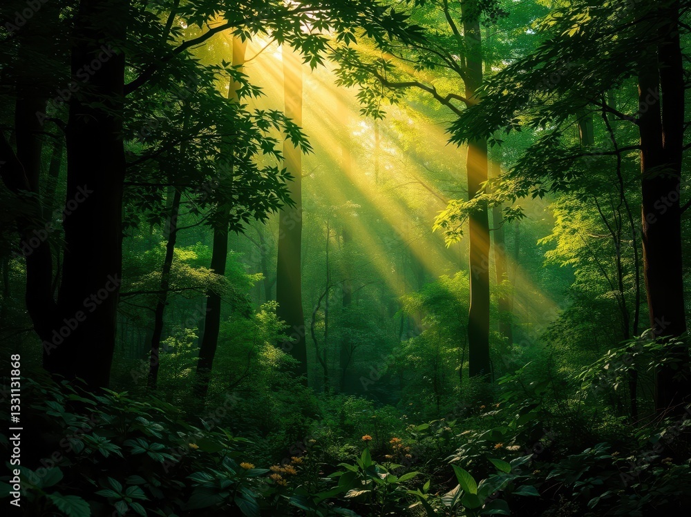 Obraz premium Sunbeams in a Lush Green Forest