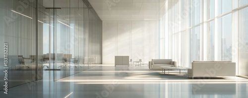 Modern office interior with bright natural light and large windows