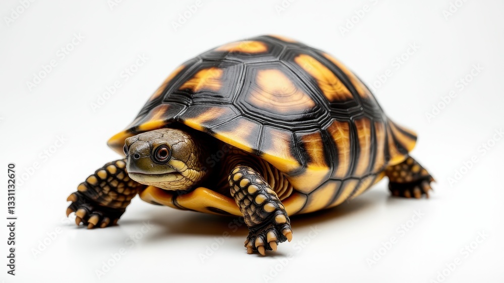 Obraz premium A small tortoise with a beautifully patterned shell and detailed scales is shown on a white background.