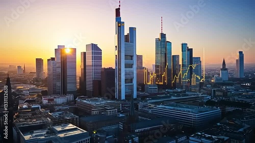 Aerial view of Frankfurt skyline at sunset with financial growth graph overlay in the background