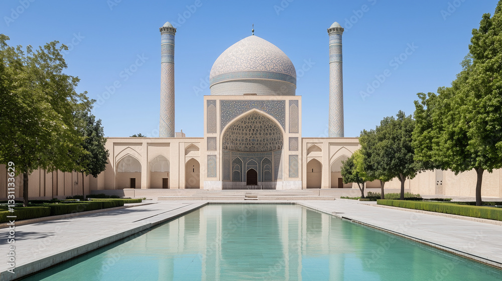 Fototapeta premium Architectural Grandeur: A symmetrical masterpiece of architectural design showcases a majestic mosque with its distinctive dome and minarets, reflected in the tranquil waters of a pool.