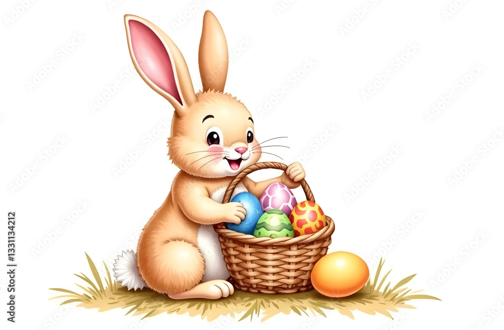 A cute little bunny happily surrounded by vibrant, colorful Easter eggs in a cheerful festive setting