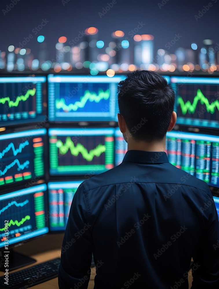 Stock market trader analyzing financial data on multiple screens, monitoring stock market trends, investment opportunities, and economic fluctuations in a high-tech office
Stock market trader analyzing financial data on multiple screens, monitoring stock market trends, investment opportunities, and economic fluctuations in a high-tech office