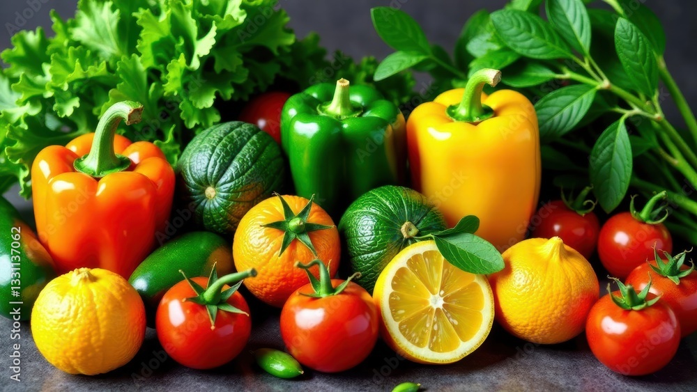 Vibrant Collection of Fresh Produce Featuring Colorful Peppers, Citrus Fruits, and Tomatoes, Garnished with Lush Green Leafy Vegetables Vibrant Collection of Fresh Produce Featuring Colorful Peppers, Citrus Fruits, and Tomatoes, Garnished with Lush Green Leafy Vegetables