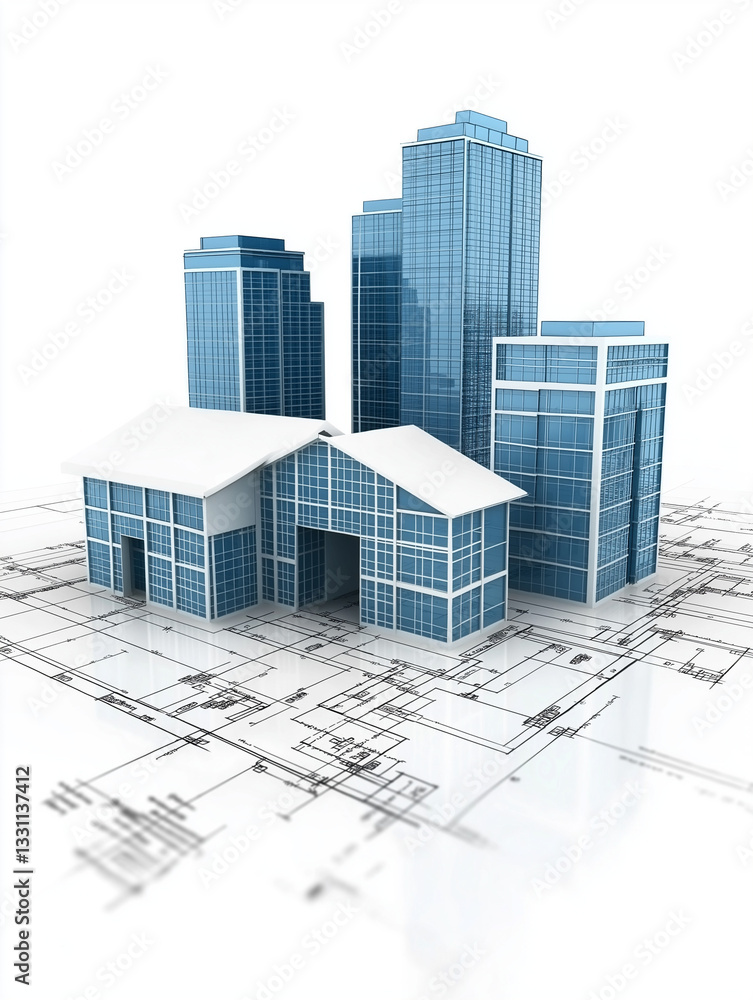 Cityscape blueprint: Illustrative representation of modern urban development, featuring a mix of high-rise buildings and residential houses set against a backdrop of detailed architectural blueprints. Cityscape blueprint: Illustrative representation of modern urban development, featuring a mix of high-rise buildings and residential houses set against a backdrop of detailed architectural blueprints.