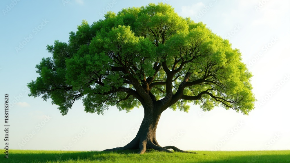 A large tree with a thick trunk and sprawling branches stands alone in a grassy field under a clear sky. A large tree with a thick trunk and sprawling branches stands alone in a grassy field under a clear sky.
