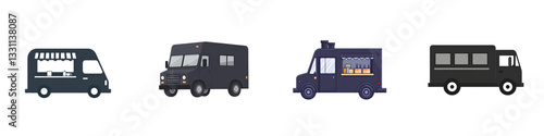 Pixelated food trucks stand against a solid white background, offering diverse mobile dining options isolated on white or transparent