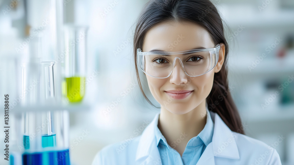 Pioneering Scientist: A confident scientist in a lab coat and protective eyewear smiles, surrounded by beakers and test tubes, embodying scientific curiosity and dedication. Pioneering Scientist: A confident scientist in a lab coat and protective eyewear smiles, surrounded by beakers and test tubes, embodying scientific curiosity and dedication.